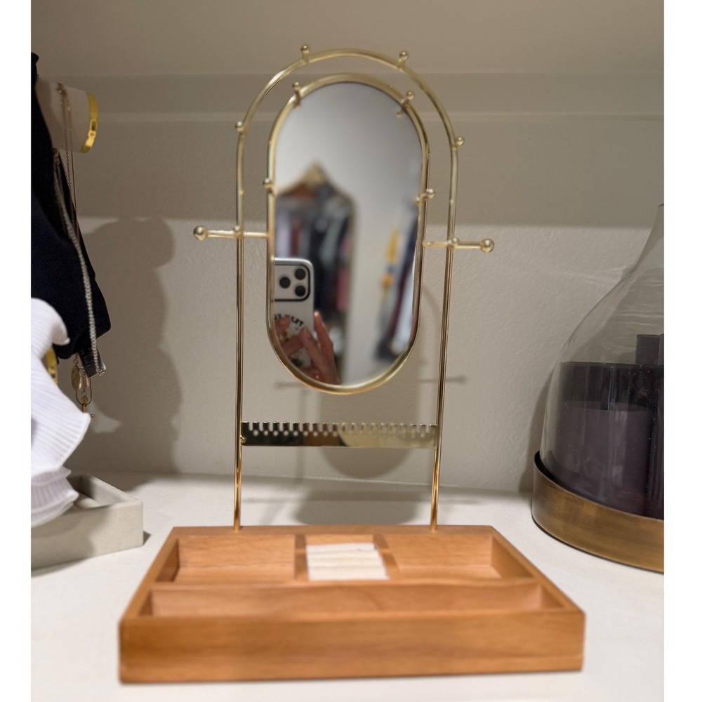 Gold Metal Jewelry Stand with Oval Mirror and Wood Base Organizer